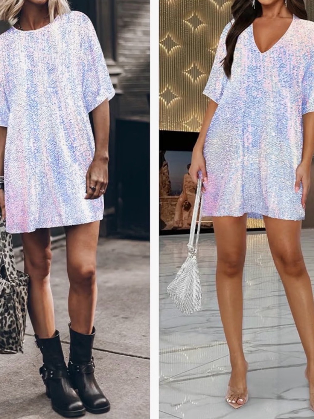 White Iridescent Sequin V-Neck Mini Shift Dress Size Small